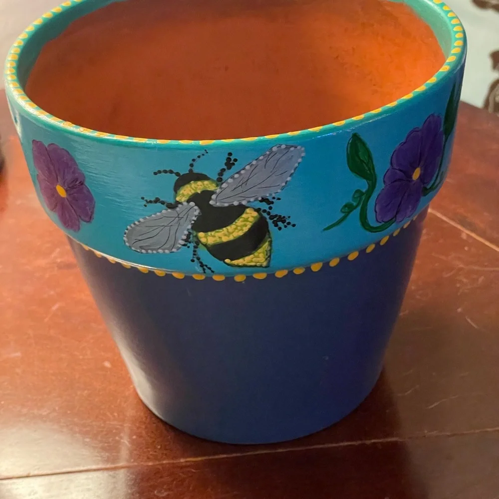 Hand crafted upcycled BEE Terra cotta pot painted blue purple yellow dots floral - Picture 12 of 14